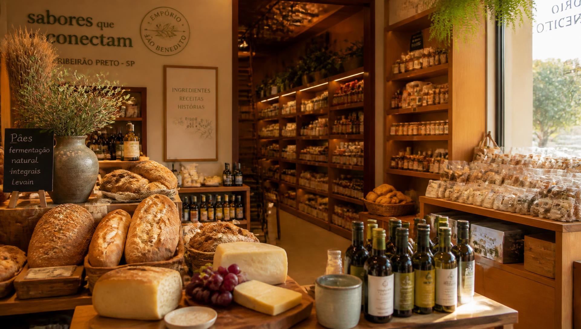 Interior acolhedor do Empório Sabor & Cia com pães, queijos e azeites em prateleiras de madeira
