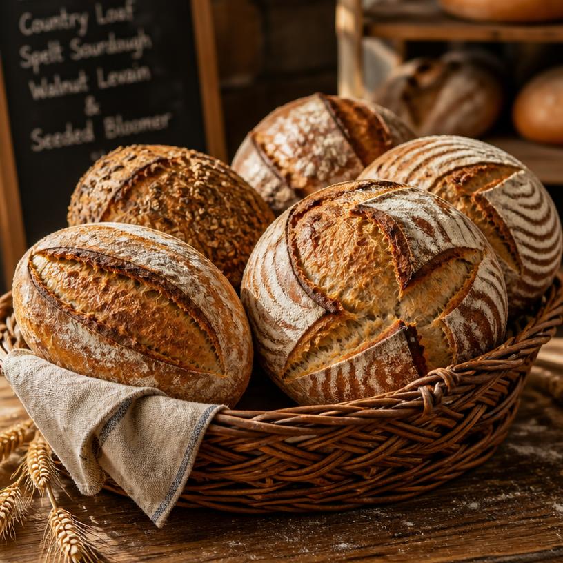 Pães artesanais de fermentação natural em cesta de vime